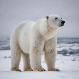 A majestic, mighty polar bear standing amidst a snowy landscape, showcasing its impressive size and detailed white fur.