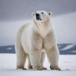 A majestic, mighty polar bear standing amidst a snowy landscape, showcasing its impressive size and detailed white fur.