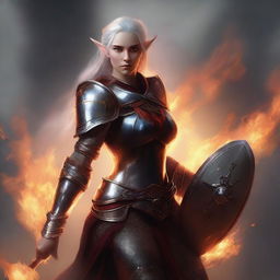 A stunning digital art piece depicts a female elf wildfire druid, garbed in resplendent plate armour, brandishing a shield