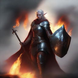 A stunning digital art piece depicts a female elf wildfire druid, garbed in resplendent plate armour, brandishing a shield