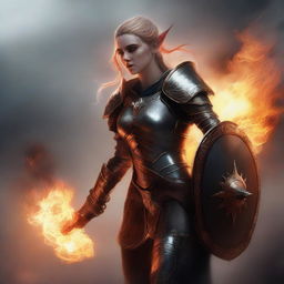 A stunning digital art piece depicts a female elf wildfire druid, garbed in resplendent plate armour, brandishing a shield