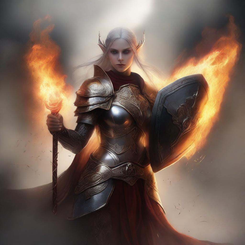 A stunning digital art piece depicts a female elf wildfire druid, garbed in resplendent plate armour, brandishing a shield