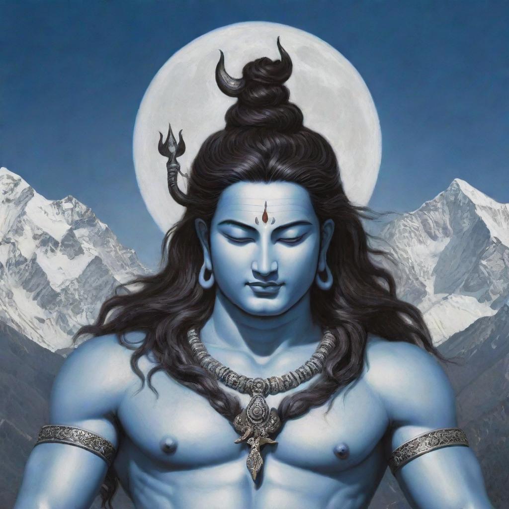 Enlarge and enrich the previous depiction of Lord Shiva, adding more elements like a crescent moon in his hair, the third eye on his forehead, and a trident by his side. Enhance the surrounding beauty of the Himalayas.