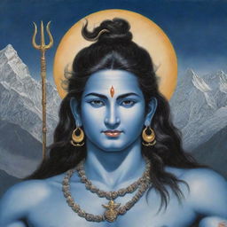 Enlarge and enrich the previous depiction of Lord Shiva, adding more elements like a crescent moon in his hair, the third eye on his forehead, and a trident by his side. Enhance the surrounding beauty of the Himalayas.