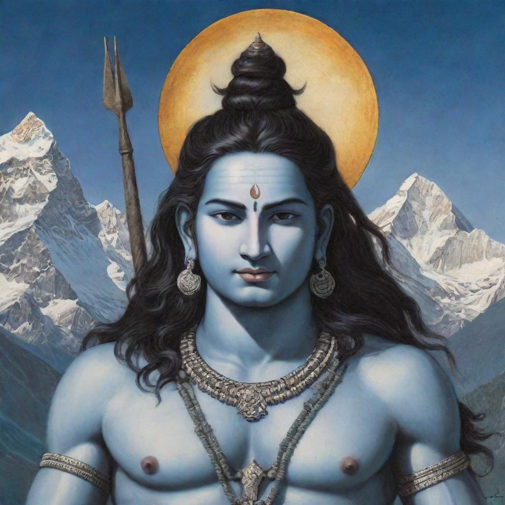 Enlarge and enrich the previous depiction of Lord Shiva, adding more elements like a crescent moon in his hair, the third eye on his forehead, and a trident by his side. Enhance the surrounding beauty of the Himalayas.