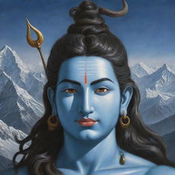 Enlarge and enrich the previous depiction of Lord Shiva, adding more elements like a crescent moon in his hair, the third eye on his forehead, and a trident by his side. Enhance the surrounding beauty of the Himalayas.