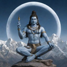 Retain the expanded depiction of Lord Shiva without an anime style. Keep the crescent moon, the third eye, and the trident. Highlight his calm, meditative posture amidst the magnified splendor of the Himalayas in a realistic style.