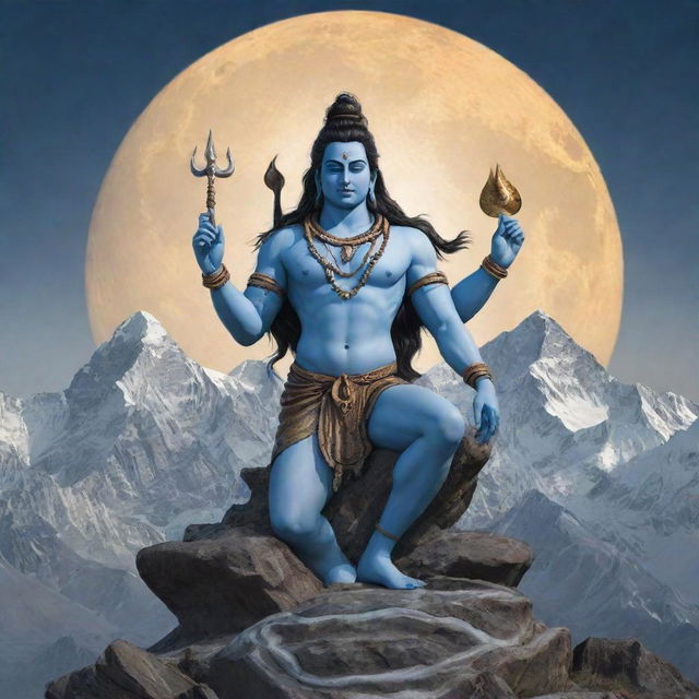 Retain the expanded depiction of Lord Shiva without an anime style. Keep the crescent moon, the third eye, and the trident. Highlight his calm, meditative posture amidst the magnified splendor of the Himalayas in a realistic style.