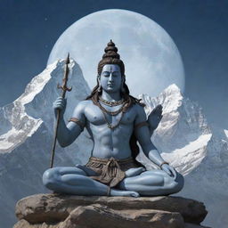 Retain the expanded depiction of Lord Shiva without an anime style. Keep the crescent moon, the third eye, and the trident. Highlight his calm, meditative posture amidst the magnified splendor of the Himalayas in a realistic style.