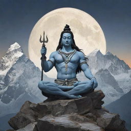 Retain the expanded depiction of Lord Shiva without an anime style. Keep the crescent moon, the third eye, and the trident. Highlight his calm, meditative posture amidst the magnified splendor of the Himalayas in a realistic style.