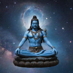 Transform the scenery around Lord Shiva into the universe with galaxies and nebulae. Keep Shiva in his meditative posture, with the crescent moon, third eye, and trident, all set against a backdrop of cosmic majesty.