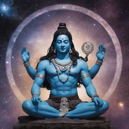 Transform the scenery around Lord Shiva into the universe with galaxies and nebulae. Keep Shiva in his meditative posture, with the crescent moon, third eye, and trident, all set against a backdrop of cosmic majesty.