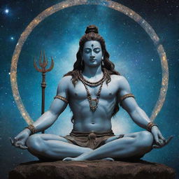 Transform the scenery around Lord Shiva into the universe with galaxies and nebulae. Keep Shiva in his meditative posture, with the crescent moon, third eye, and trident, all set against a backdrop of cosmic majesty.