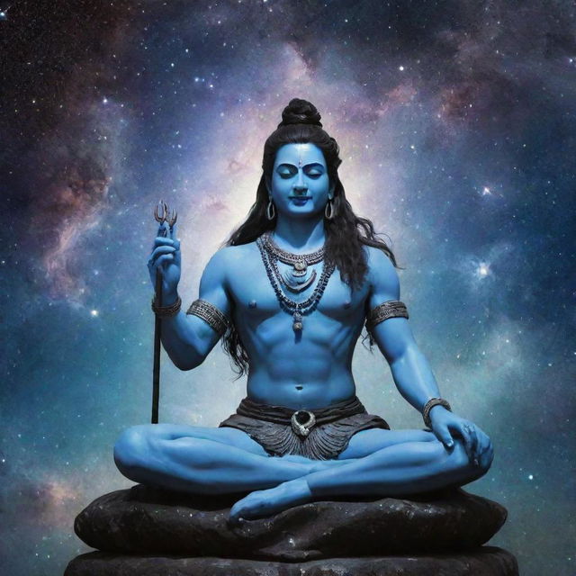 Transform the scenery around Lord Shiva into the universe with galaxies and nebulae. Keep Shiva in his meditative posture, with the crescent moon, third eye, and trident, all set against a backdrop of cosmic majesty.