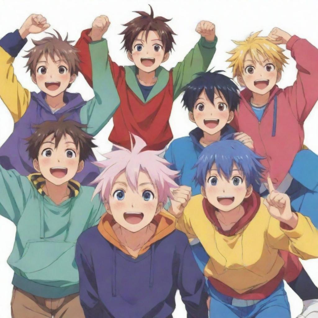 A group of anime boys with joyous expressions and colorful outfits in a variety of poses, embodying happiness and camaraderie