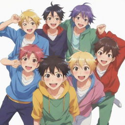 A group of anime boys with joyous expressions and colorful outfits in a variety of poses, embodying happiness and camaraderie