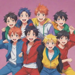 A group of anime boys with joyous expressions and colorful outfits in a variety of poses, embodying happiness and camaraderie