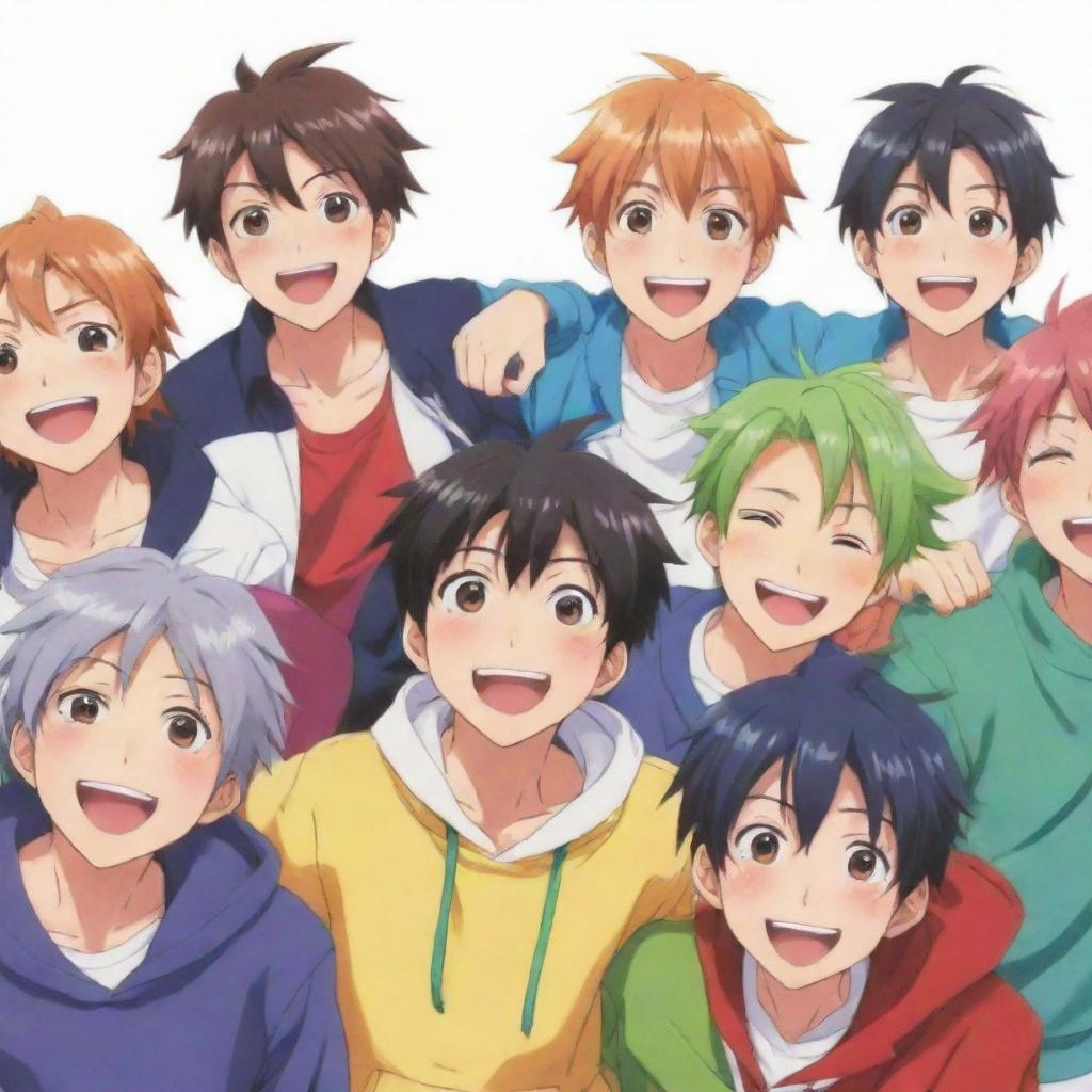 A group of anime boys with joyous expressions and colorful outfits in a variety of poses, embodying happiness and camaraderie