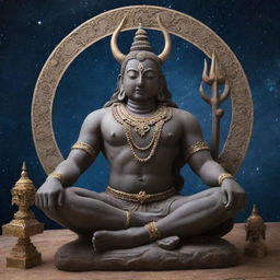 Maintain the universe backdrop, add Nandi, Lord Shiva's loyal bull, sitting peacefully by his side. Preserve details like Shiva's meditative pose, the crescent moon, third eye, and trident amidst the cosmic splendor.