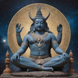 Maintain the universe backdrop, add Nandi, Lord Shiva's loyal bull, sitting peacefully by his side. Preserve details like Shiva's meditative pose, the crescent moon, third eye, and trident amidst the cosmic splendor.