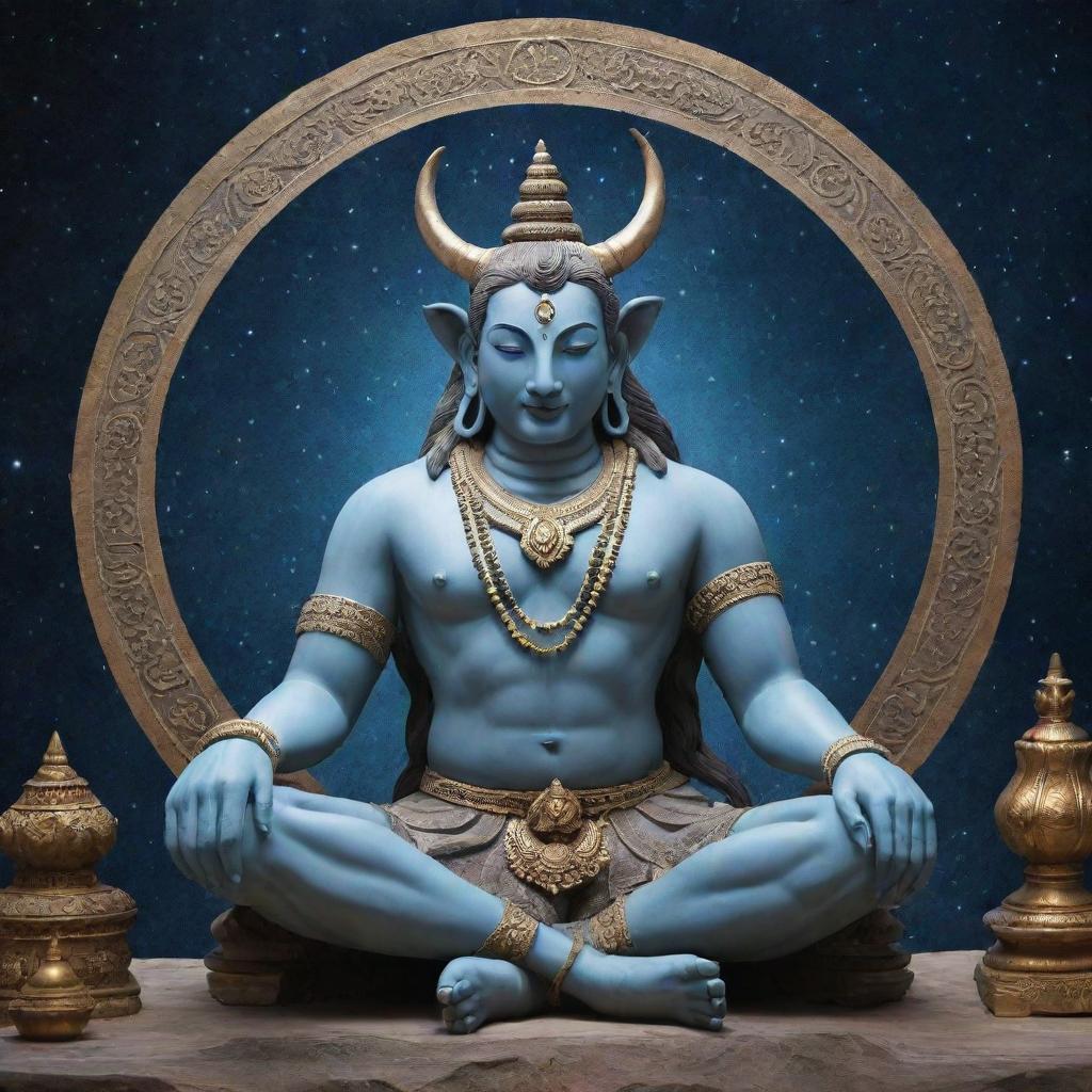 Maintain the universe backdrop, add Nandi, Lord Shiva's loyal bull, sitting peacefully by his side. Preserve details like Shiva's meditative pose, the crescent moon, third eye, and trident amidst the cosmic splendor.