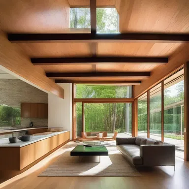 The modern house featured transverse beams that added an interesting geometric pattern to the interior.