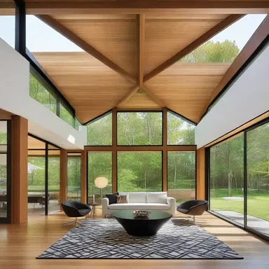 The modern house featured transverse beams that added an interesting geometric pattern to the interior.