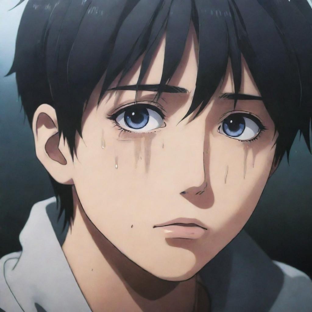 Anime boys displaying sadness, with expressive eyes filled with tears and melancholic surroundings.