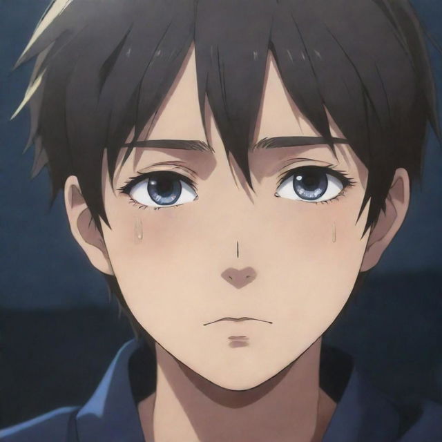 Anime boys displaying sadness, with expressive eyes filled with tears and melancholic surroundings.