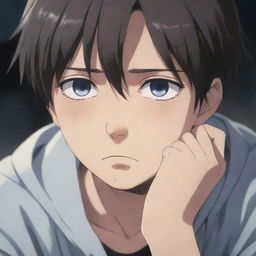 Anime boys displaying sadness, with expressive eyes filled with tears and melancholic surroundings.