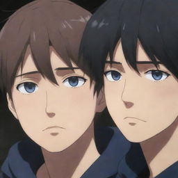 Anime boys displaying sadness, with expressive eyes filled with tears and melancholic surroundings.