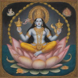 A serene and beautiful depiction of Lord Vishnu, reclining on the endless cosmic waters of the Shesha Naga, with Lakshmi at his feet, holding a conch, discus, lotus and mace, adorned in fine yellow garments.