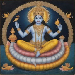 A serene and beautiful depiction of Lord Vishnu, reclining on the endless cosmic waters of the Shesha Naga, with Lakshmi at his feet, holding a conch, discus, lotus and mace, adorned in fine yellow garments.