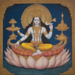 A serene and beautiful depiction of Lord Vishnu, reclining on the endless cosmic waters of the Shesha Naga, with Lakshmi at his feet, holding a conch, discus, lotus and mace, adorned in fine yellow garments.