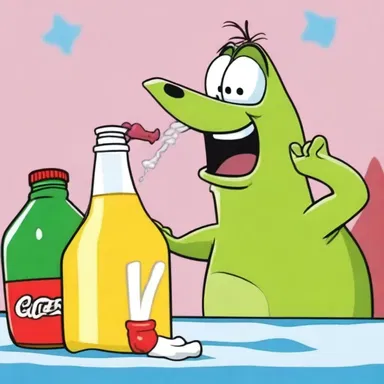 In the cartoon, the animated character pretended to drink from a bottle and made a gurgle sound.