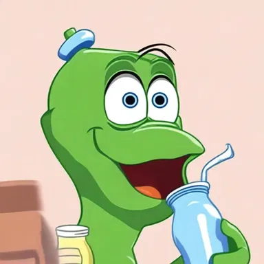 In the cartoon, the animated character pretended to drink from a bottle and made a gurgle sound.