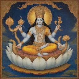 A serene and beautiful depiction of Lord Vishnu, reclining on the endless cosmic waters of the Shesha Naga, with Lakshmi at his feet, holding a conch, discus, lotus and mace, adorned in fine yellow garments.