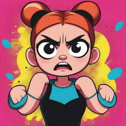 A Powerpuff Girl with an angry expression, her fists clenched and eyes slightly narrowed. She is surrounded by a vibrant, comic-style aesthetic.