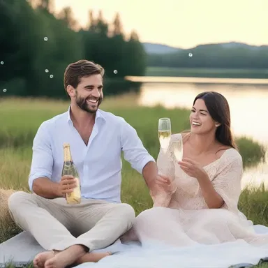 As they enjoyed an evening picnic by the serene lake, they shared a bottle of champagne, their laughter mixing with the gentle gurgle of the bubbles.