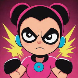 A Powerpuff Girl with an angry expression, her fists clenched and eyes slightly narrowed. She is surrounded by a vibrant, comic-style aesthetic.