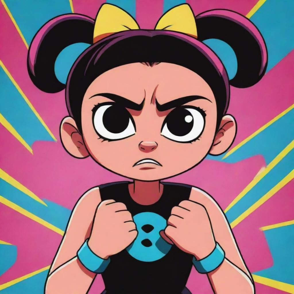 A Powerpuff Girl with an angry expression, her fists clenched and eyes slightly narrowed. She is surrounded by a vibrant, comic-style aesthetic.