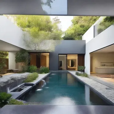 The architect designed a modern house with a beautiful water feature that gurgled softly in the courtyard.