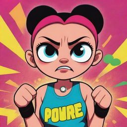 A Powerpuff Girl with an angry expression, her fists clenched and eyes slightly narrowed. She is surrounded by a vibrant, comic-style aesthetic.