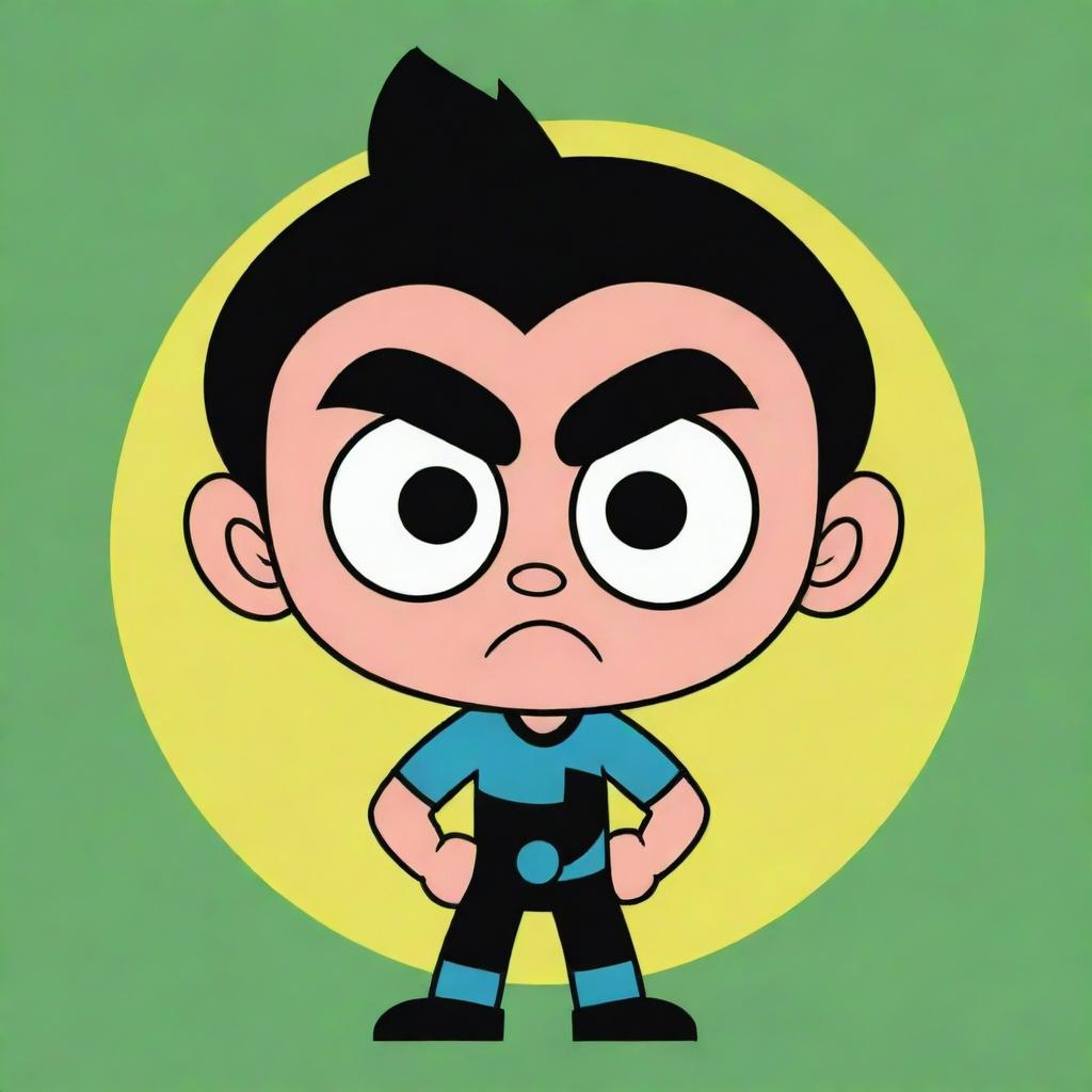 A male version of a Powerpuff girl, expressing anger. Ensuring the iconic Powerpuff style is maintained, with big round eyes, cartoonish proportions, and bright colors.