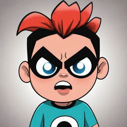 A male version of a Powerpuff girl, expressing anger. Ensuring the iconic Powerpuff style is maintained, with big round eyes, cartoonish proportions, and bright colors.