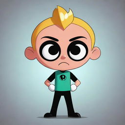 A male version of a Powerpuff girl, expressing anger. Ensuring the iconic Powerpuff style is maintained, with big round eyes, cartoonish proportions, and bright colors.