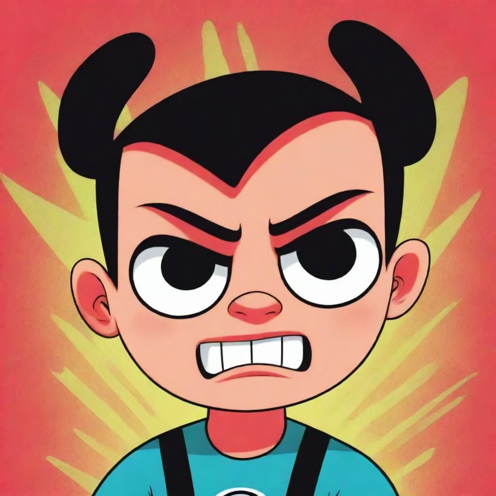 A male version of a Powerpuff girl, expressing anger. Ensuring the iconic Powerpuff style is maintained, with big round eyes, cartoonish proportions, and bright colors.