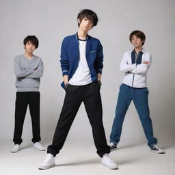 Full body portrait of anime style teenage boys in a dramatic pose, stylishly dressed