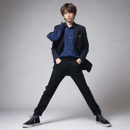 Full body portrait of anime style teenage boys in a dramatic pose, stylishly dressed