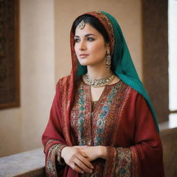 A sophisticated and wealthy Afghan woman, deeply immersed in European culture, expressing her love for development, finance, and freedom in her stylish attire and confident demeanor.